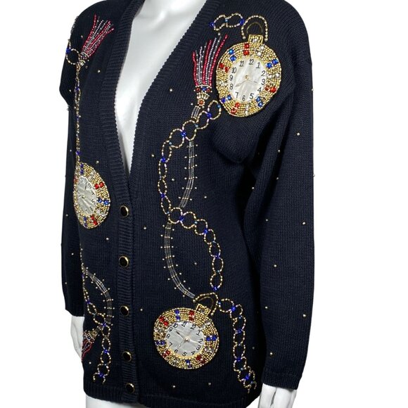 Vintage Contessa Visconte Pocket Watch Cardigan Sweater Size L Beaded Festive - Picture 4 of 7